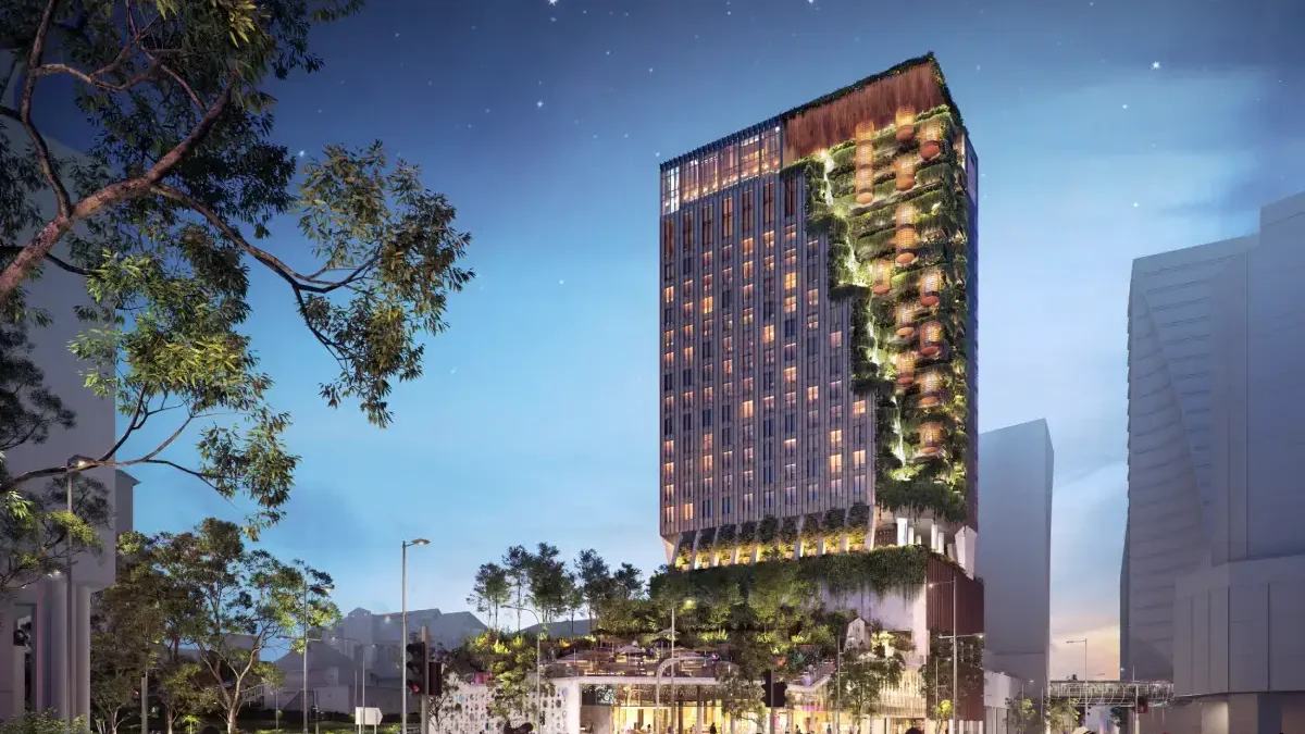 Exterior rendering of NoMad Singapore hotel on Orchard Road with vertical waterfall façade