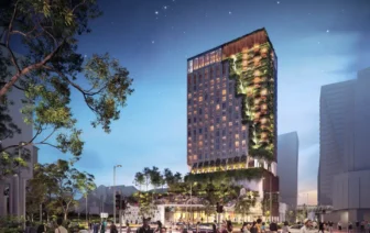 Exterior rendering of NoMad Singapore hotel on Orchard Road with vertical waterfall façade