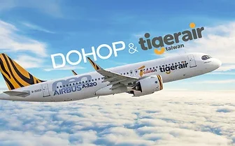 Tigerair Taiwan aircraft pictured with Dohop and Tigerair Taiwan branding for the tigerhop launch