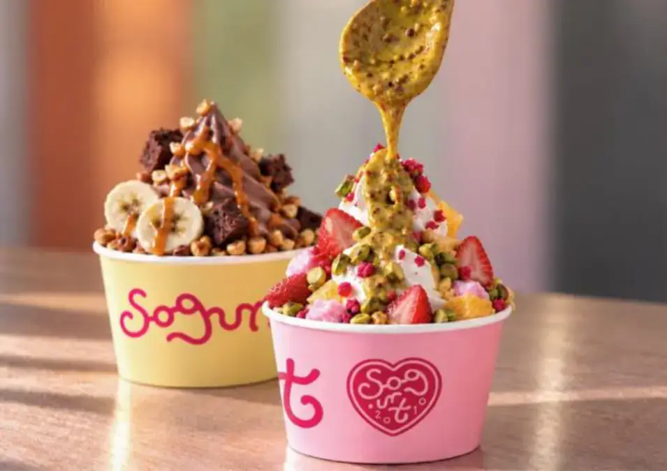 Two Sogurt frozen yoghurt cups with fruit and toppings